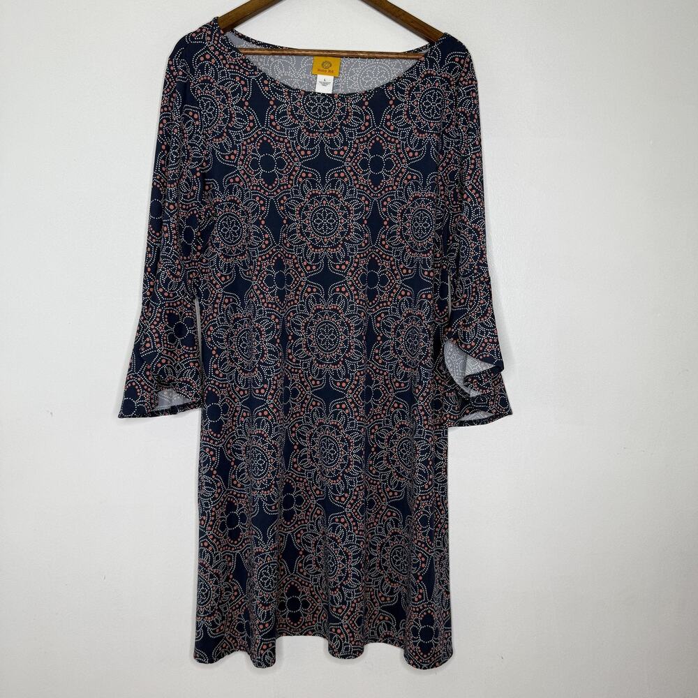 Ruby Rd Dress Womens Large Blue Pink Bell Sleeve Boho Geometric Print Stretch